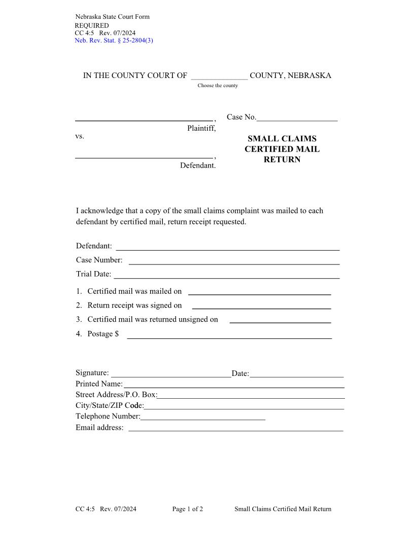 Small Claims Certified Mail Return {CC-4-5} | Pdf Fpdf Docx | Nebraska