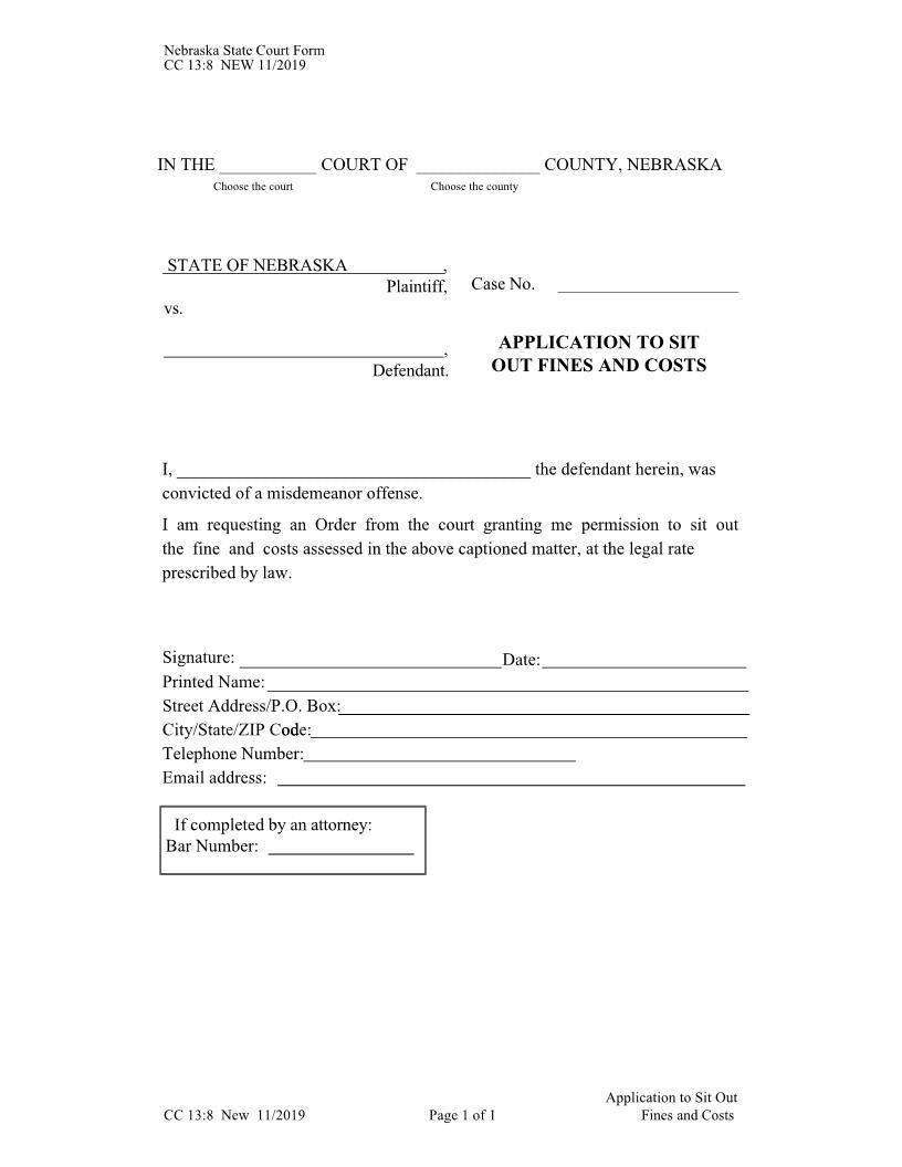 Application To Sit Out Fines And Costs {CC-13-8} | Pdf Fpdf Docx | Nebraska