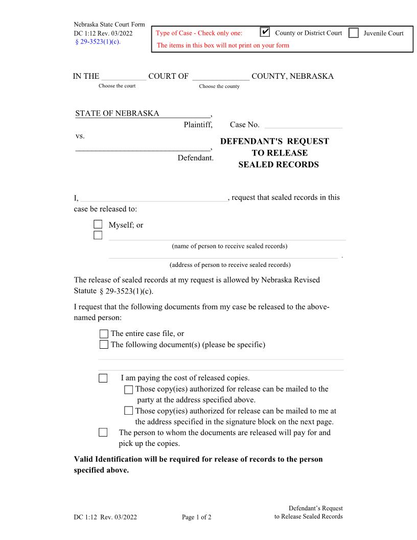 Release Of Sealed Records Defendants Request {DC-1-12} | Pdf Fpdf Docx | Nebraska