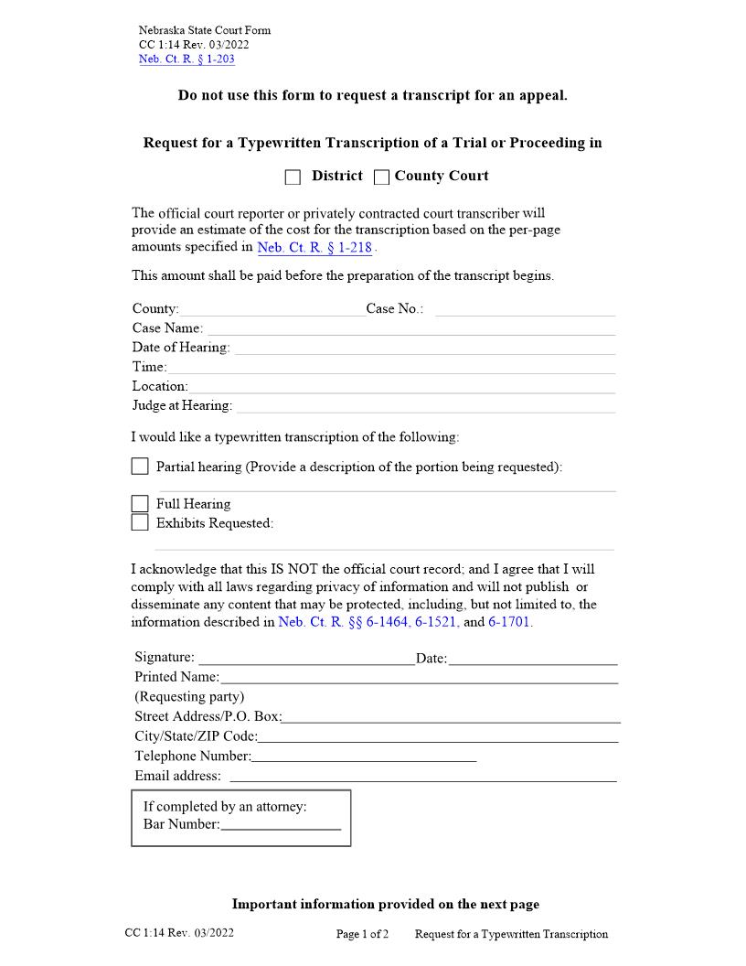 Request For A Typewritten Transcription Of A Trial Or Proceeding {CC-1-14} | Pdf Fpdf Docx | Nebraska