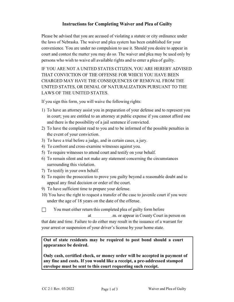 Waiver And Plea Of Guilty {CC-2-1} | Pdf Fpdf Doc Docx | Nebraska