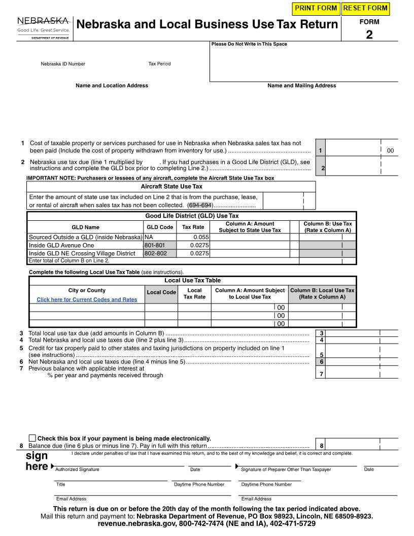 Nebraska And Local Business Use Tax Return {Form 2} | Pdf Fpdf Docx | Nebraska