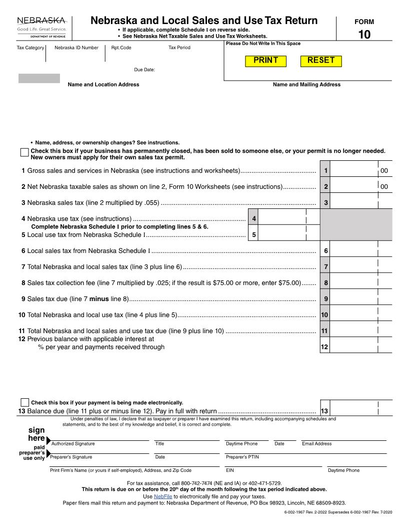 Nebraska And Local Sales And Use Tax Return {Form 10} | Pdf Fpdf Doc Docx | Nebraska