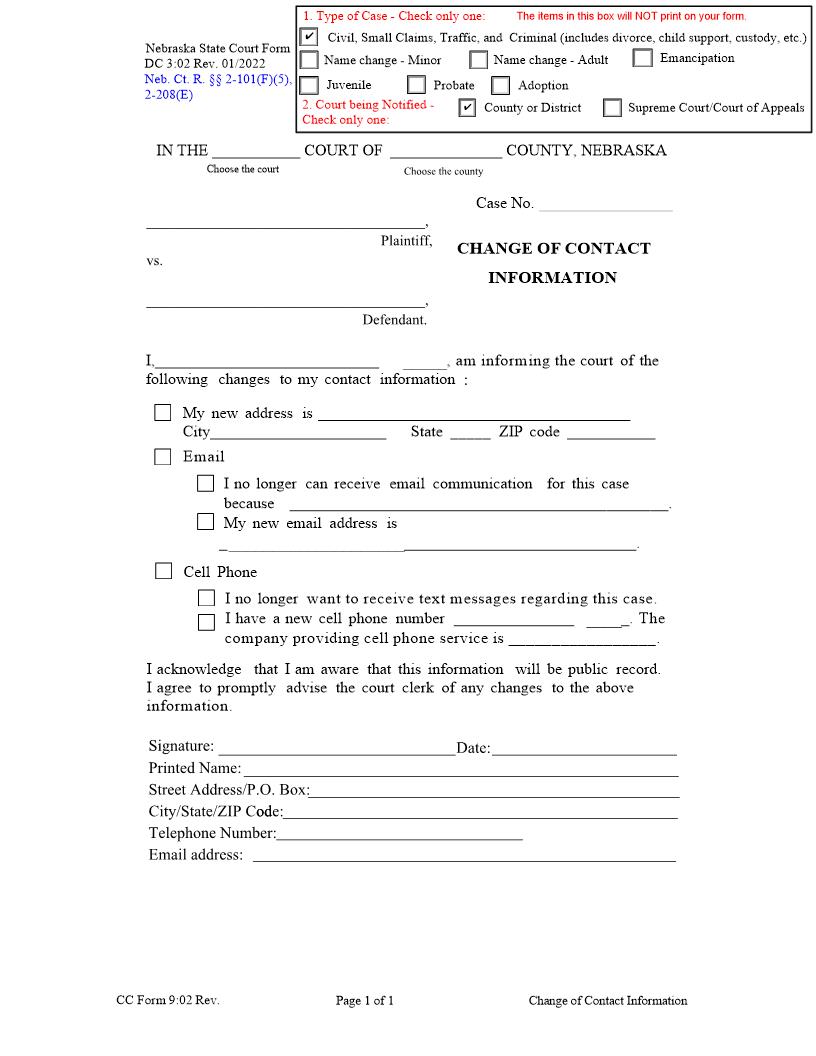 Change Of Contact Information {DC-3-02} | Pdf Fpdf Docx | Nebraska