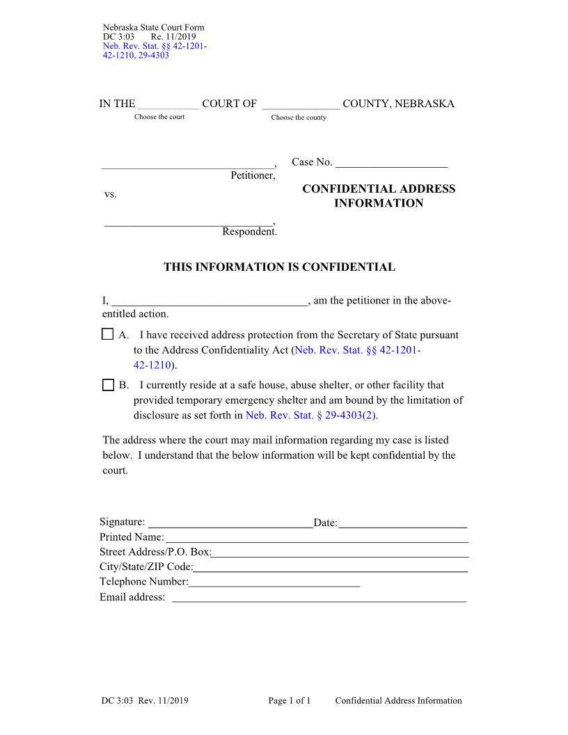 Confidential Address Information {DC 3-03} | Pdf Fpdf Docx | Nebraska