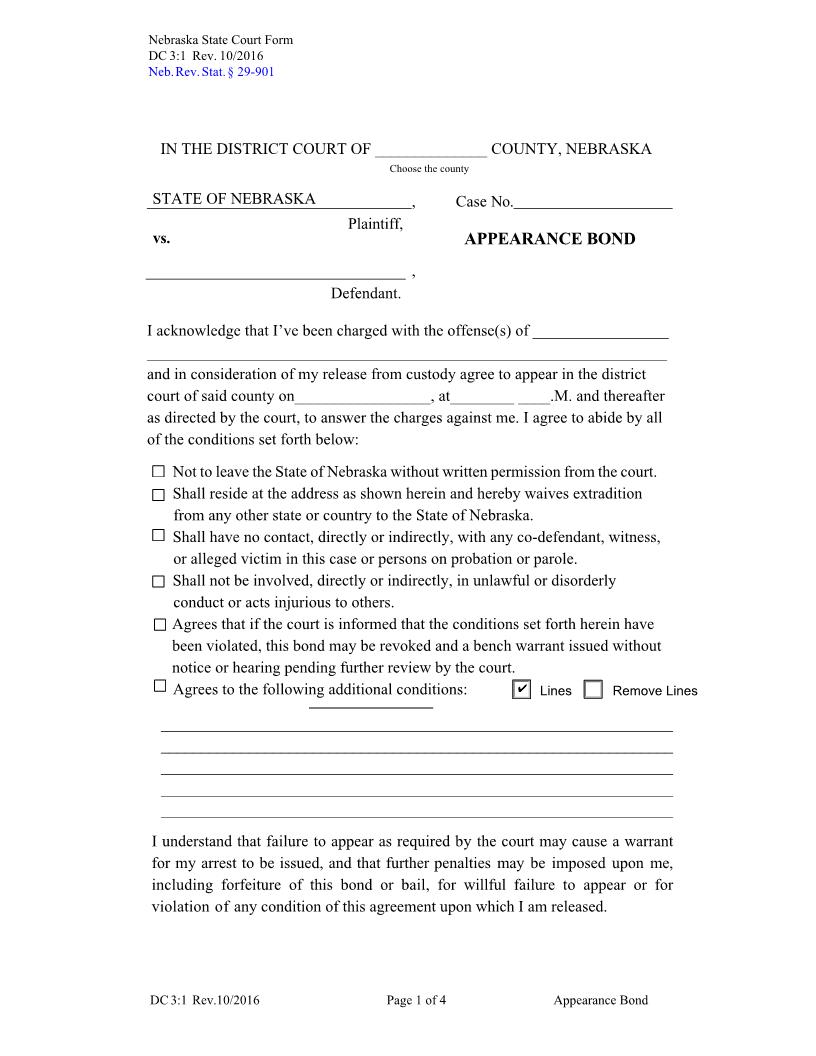 Appearance Bond {DC-3-1} | Pdf Fpdf Docx | Nebraska