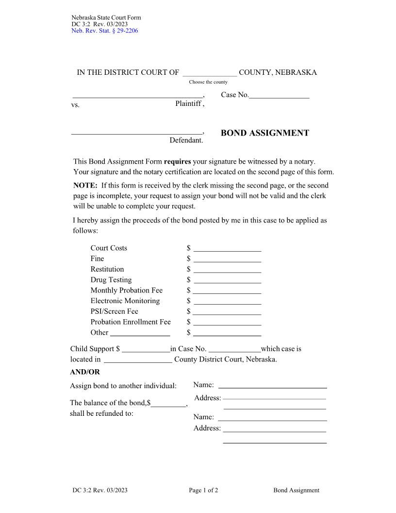 Bond Assignment {DC-3-2} | Pdf Fpdf Docx | Nebraska