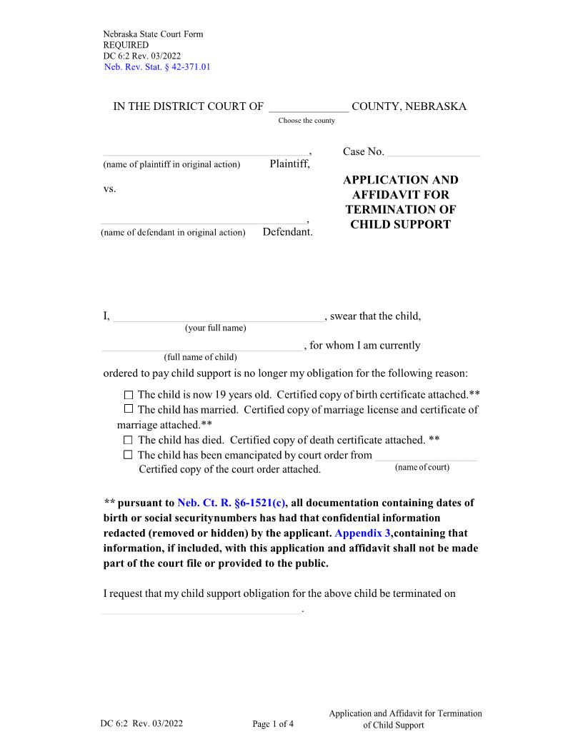 Application And Affidavit For Termination Of Child Support {DC-6-2} | Pdf Fpdf Docx | Nebraska