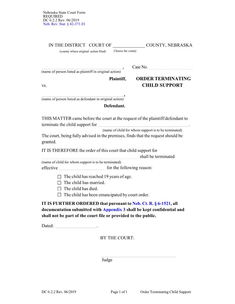 Order For Termination Of Child Support {DC-6-2-2} | Pdf Fpdf Docx | Nebraska