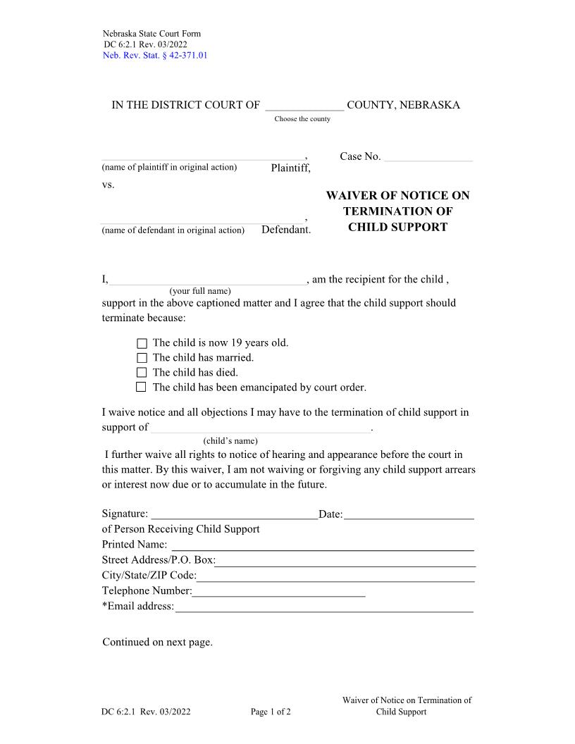 Waiver Of Notice On Termination Of Child Support {DC-6-2-1} | Pdf Fpdf Docx | Nebraska