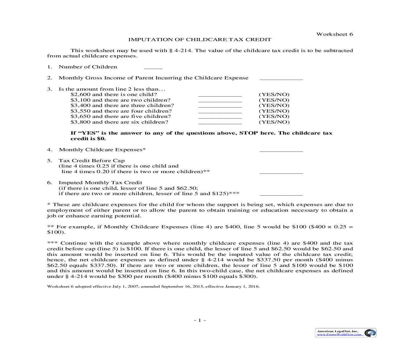 Worksheet 6-Imputation Of Childcare Tax Credit | Pdf Fpdf Doc Docx | Nebraska