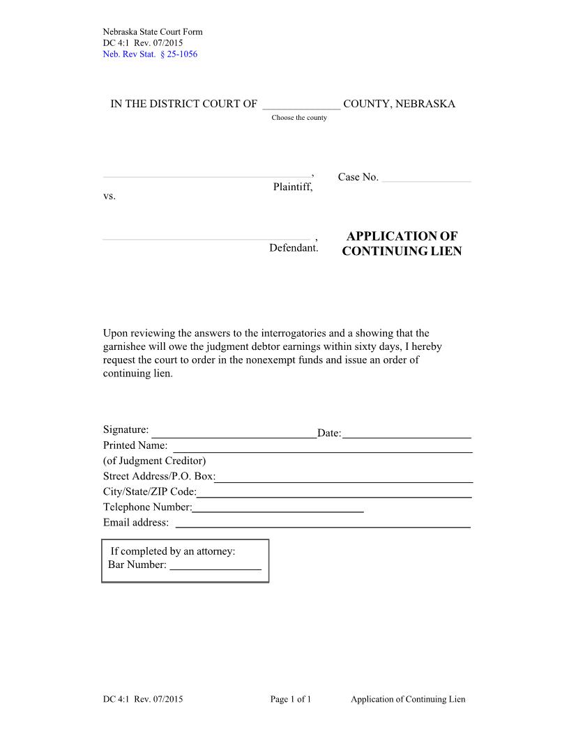 Application Of Continuing Lien {DC-4-1} | Pdf Fpdf Docx | Nebraska