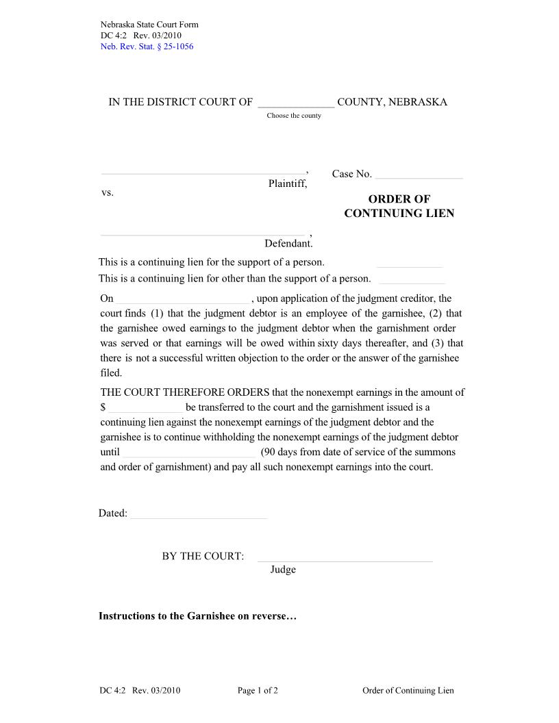 Order Of Continuing Lien {DC-4-2} | Pdf Fpdf Docx | Nebraska