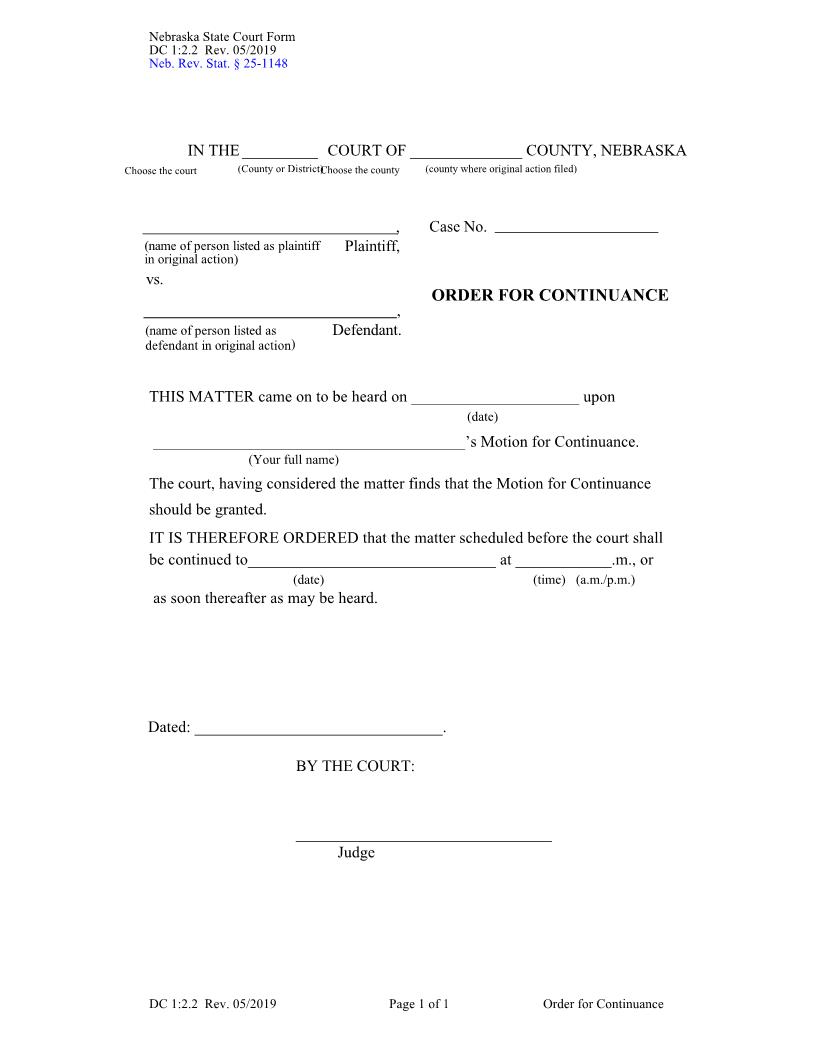 Order For Continuance {DC-1-2-2} | Pdf Fpdf Docx | Nebraska