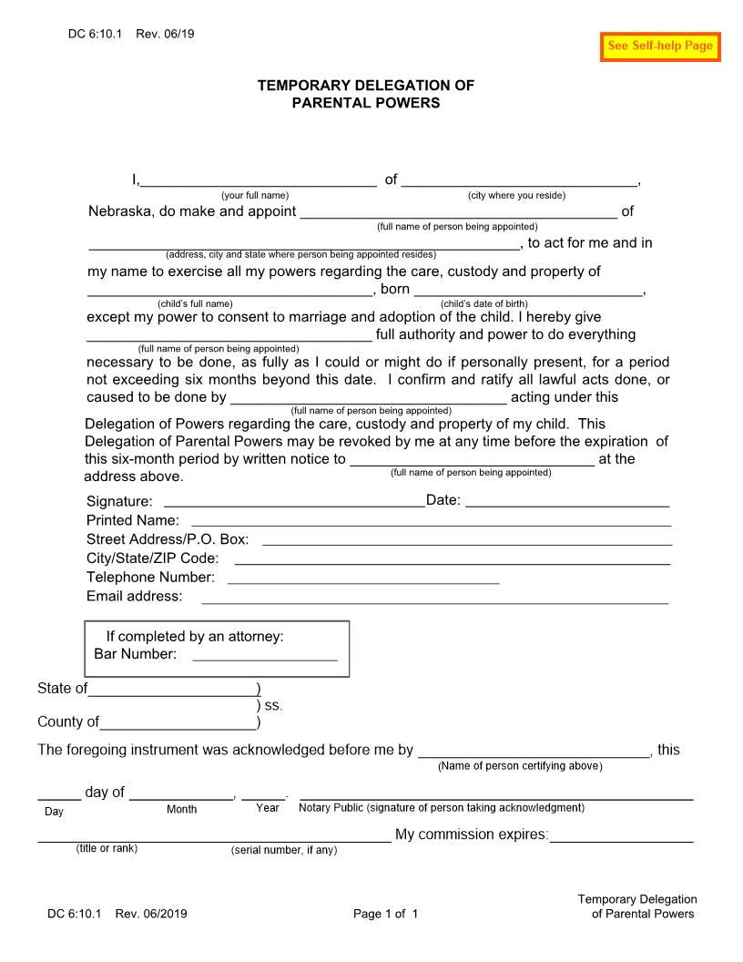 Temporary Delegation Of Parental Powers {DC-6-10-1} | Pdf Fpdf Docx | Nebraska