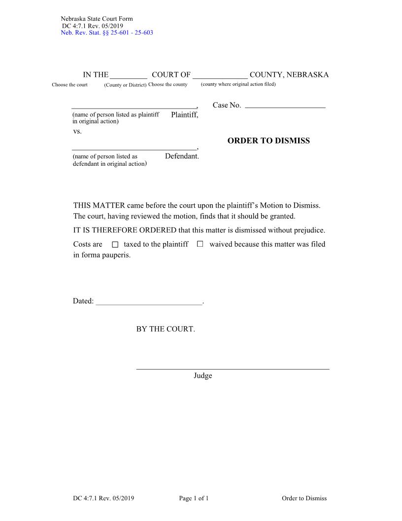 Order To Dismiss {DC-4-7-1} | Pdf Fpdf Docx | Nebraska