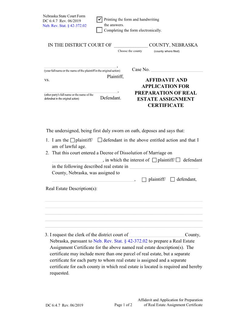 Affidavit And Application For Preparation Of Real Estate Assignment Certificate {DC-6-4-7} | Pdf Fpdf Doc Docx | Nebraska