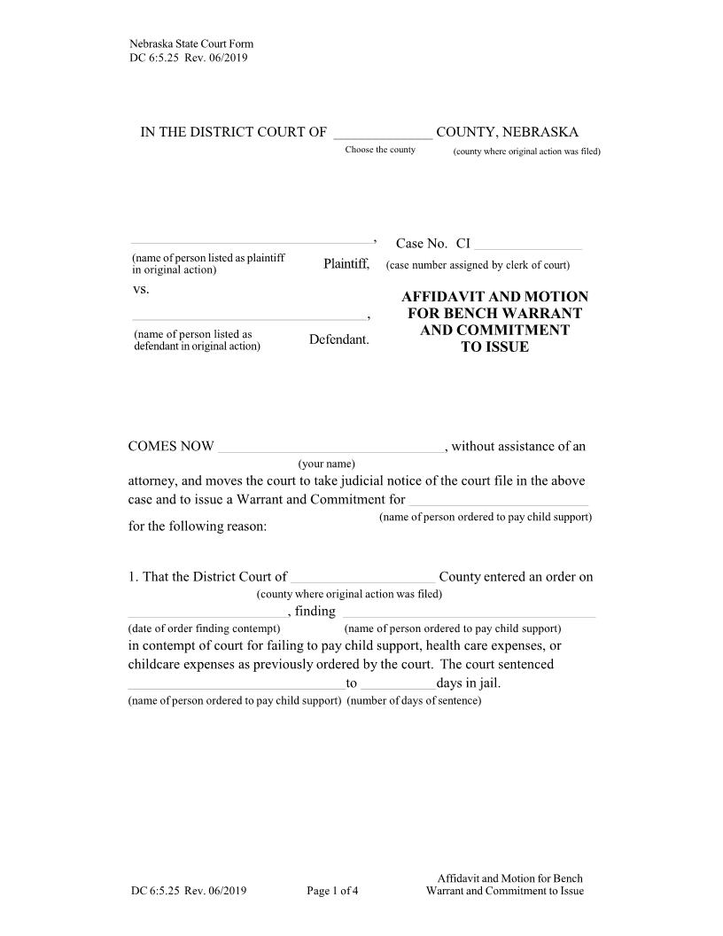Affidavit And Motion For Bench Warrant And Commitment To Issue Divorce {DC-6-5-25} | Pdf Fpdf Docx | Nebraska