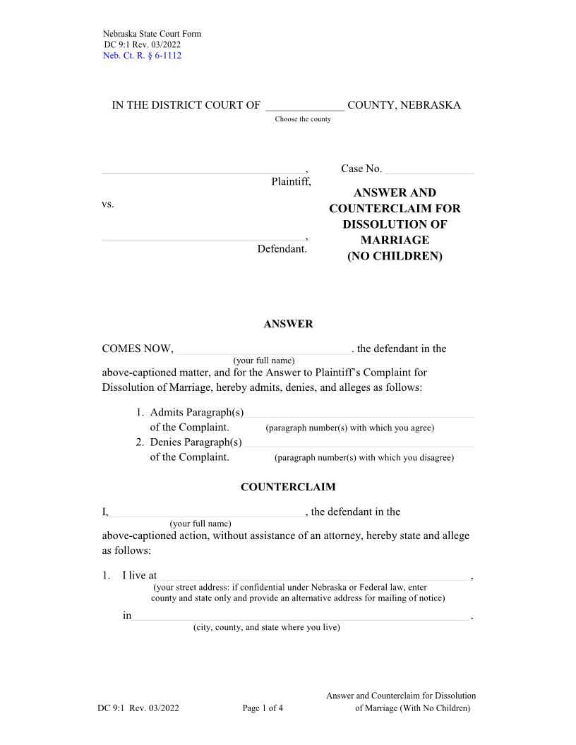 Answer And Counterclaim For Dissolution Of Marriage No Children {DC-9-1} | Pdf Fpdf Docx | Nebraska