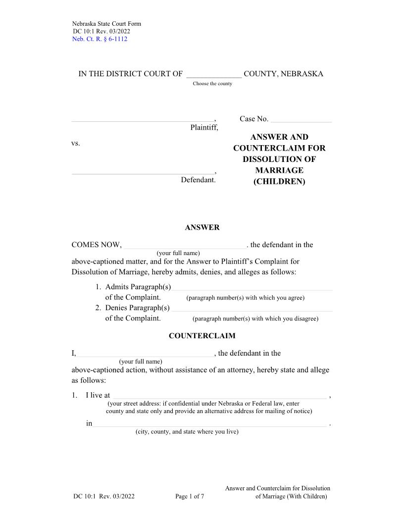 Answer And Counterclaim For Dissolution Of Marriage With Children {DC-10-1} | Pdf Fpdf Docx | Nebraska