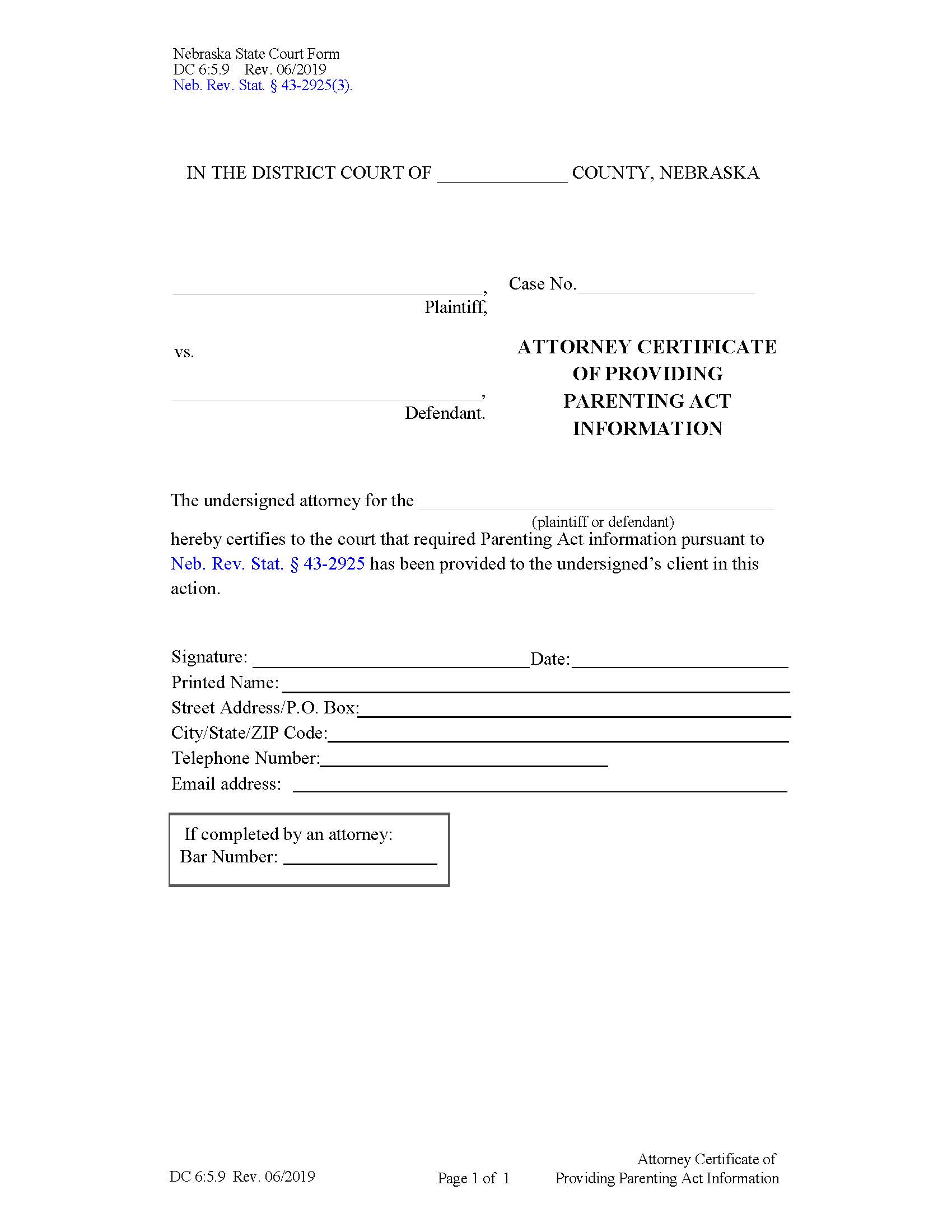 Attorney Certificate Of Providing Parenting Act Information {DC-6-5-9} | Pdf Fpdf Docx | Nebraska