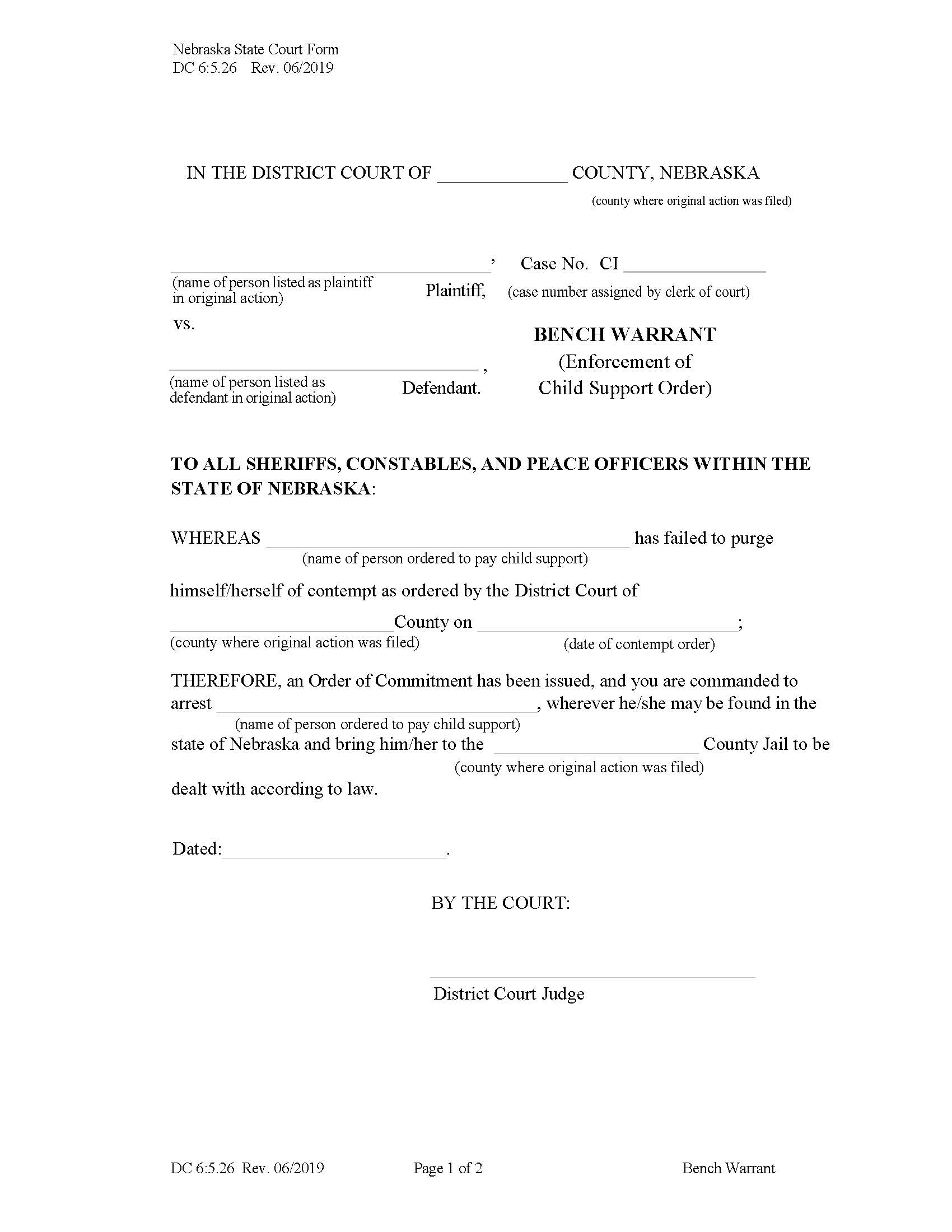 Bench Warrant Enforcement Of Child Support Order {DC-6-5-26} | Pdf Fpdf Docx | Nebraska