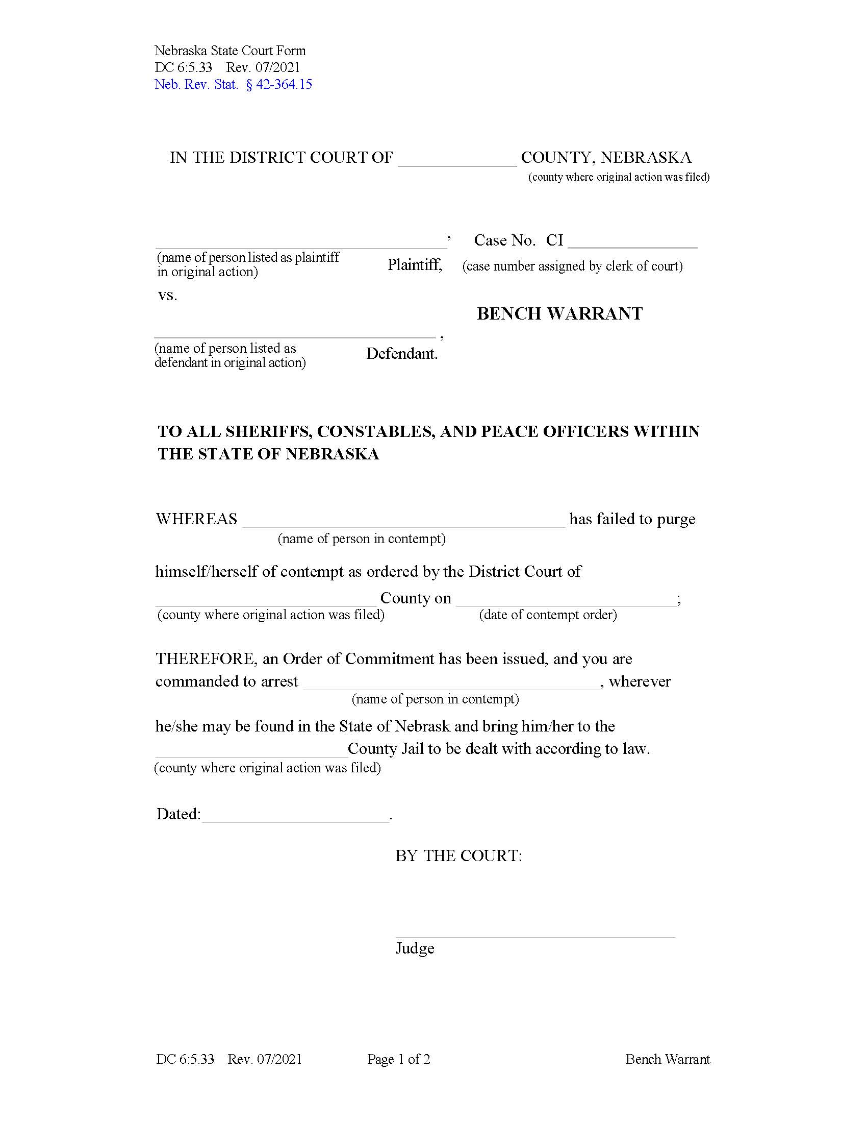 Bench Warrant Visitation {DC-6-5-33} | Pdf Fpdf Docx | Nebraska