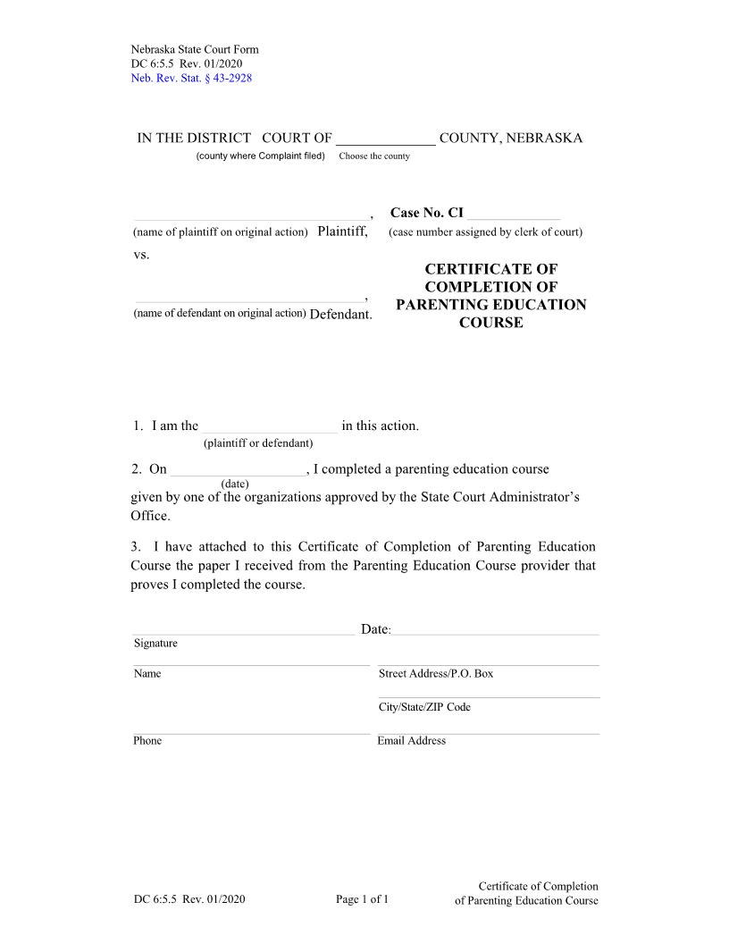 Certificate Of Completion Of Parenting Education Course {DC-5-5} | Pdf Fpdf Docx | Nebraska