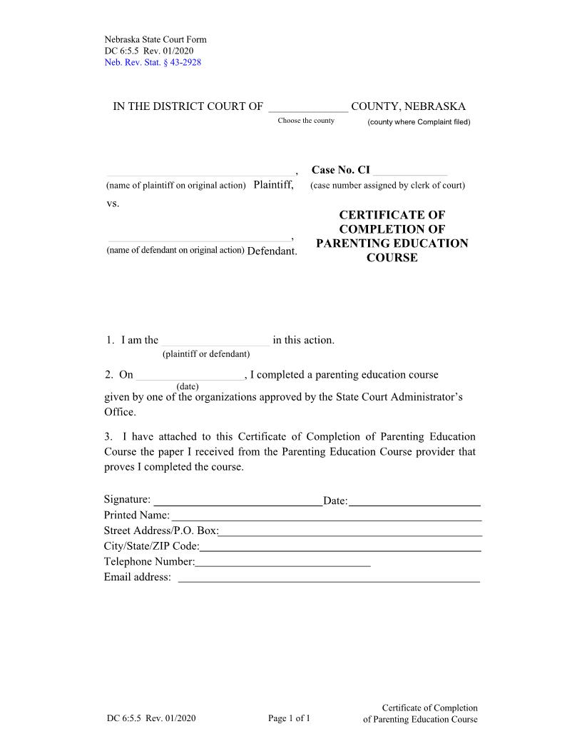 Certificate Of Completion Of Parenting Education Course {DC-6-5-5} | Pdf Fpdf Docx | Nebraska