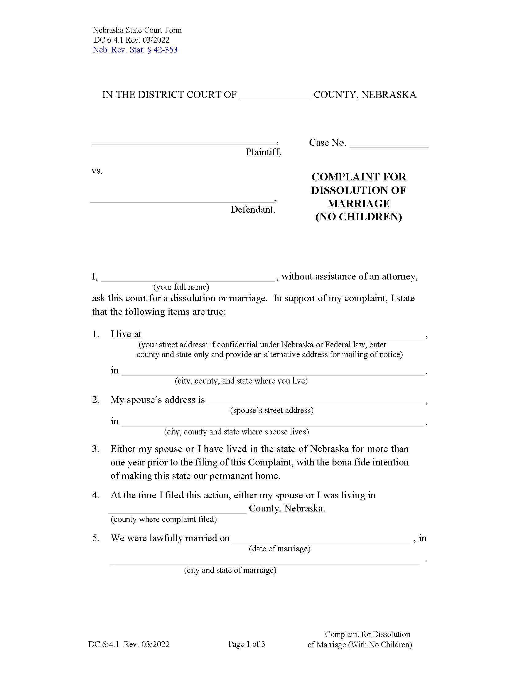 Complaint For Dissolution Of Marriage No Children {DC-6-4-1} | Pdf Fpdf Doc Docx | Nebraska