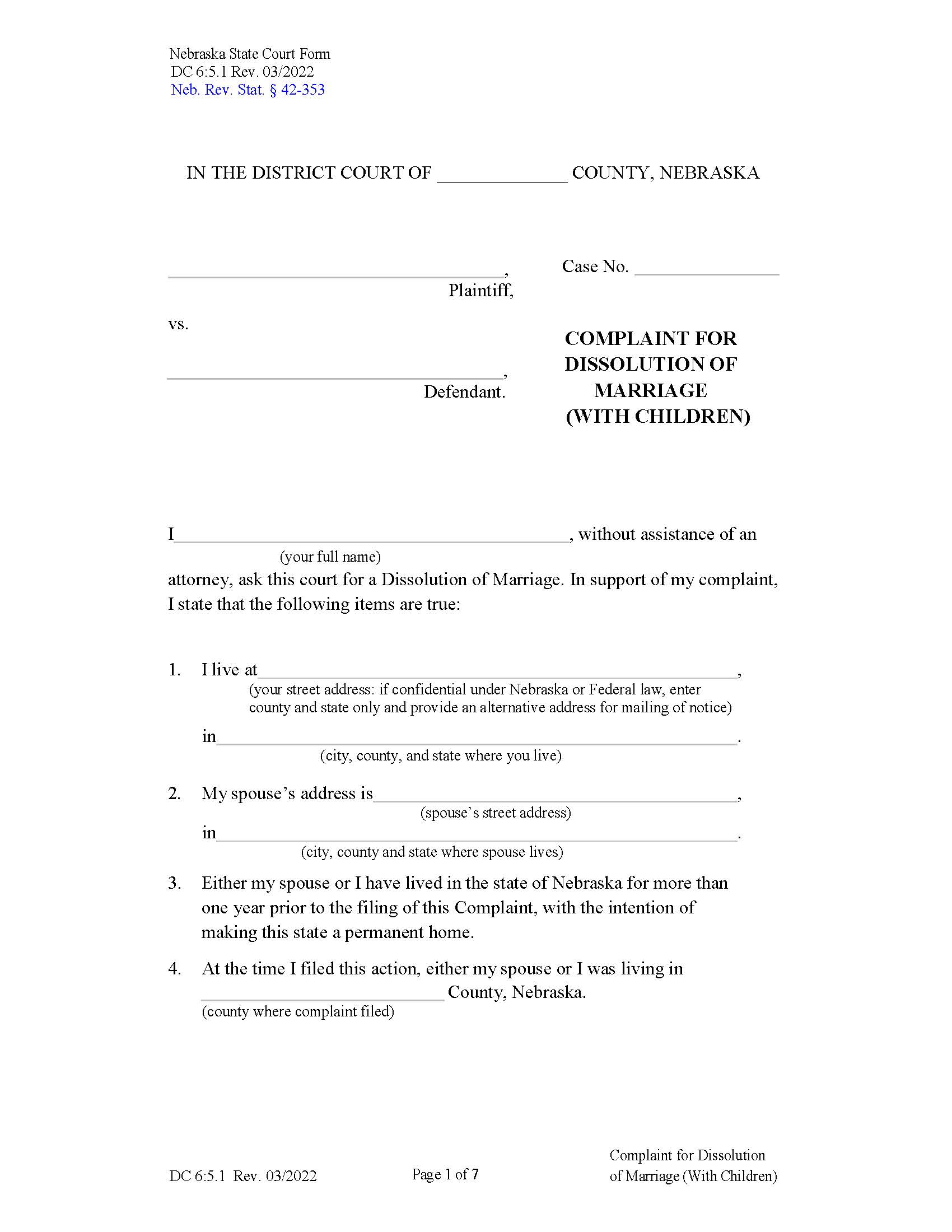 Complaint For Dissolution Of Marriage With Children {DC-6-5-1} | Pdf Fpdf Doc Docx | Nebraska