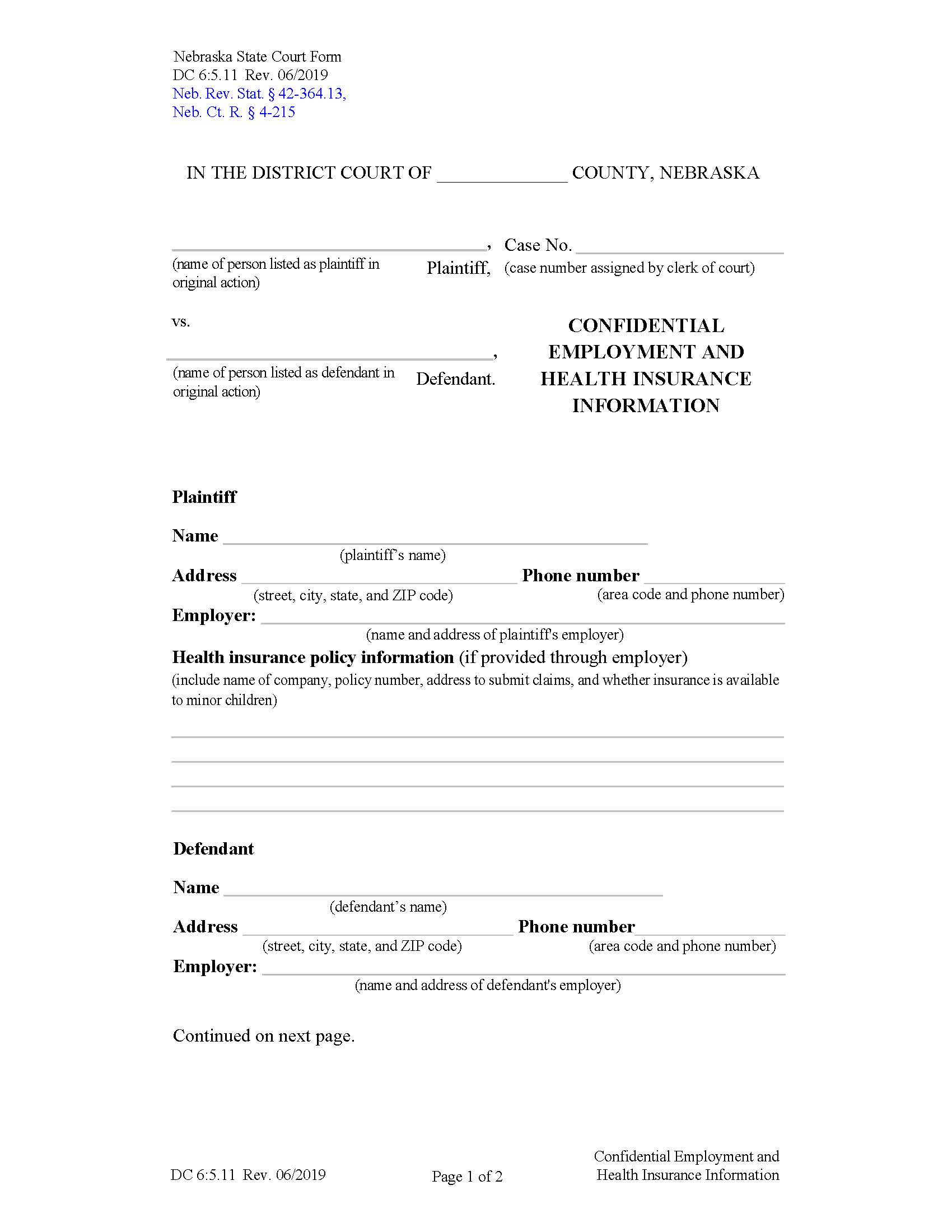 Confidential Employment And Health Insurance Information {DC-6-5-11} | Pdf Fpdf Docx | Nebraska