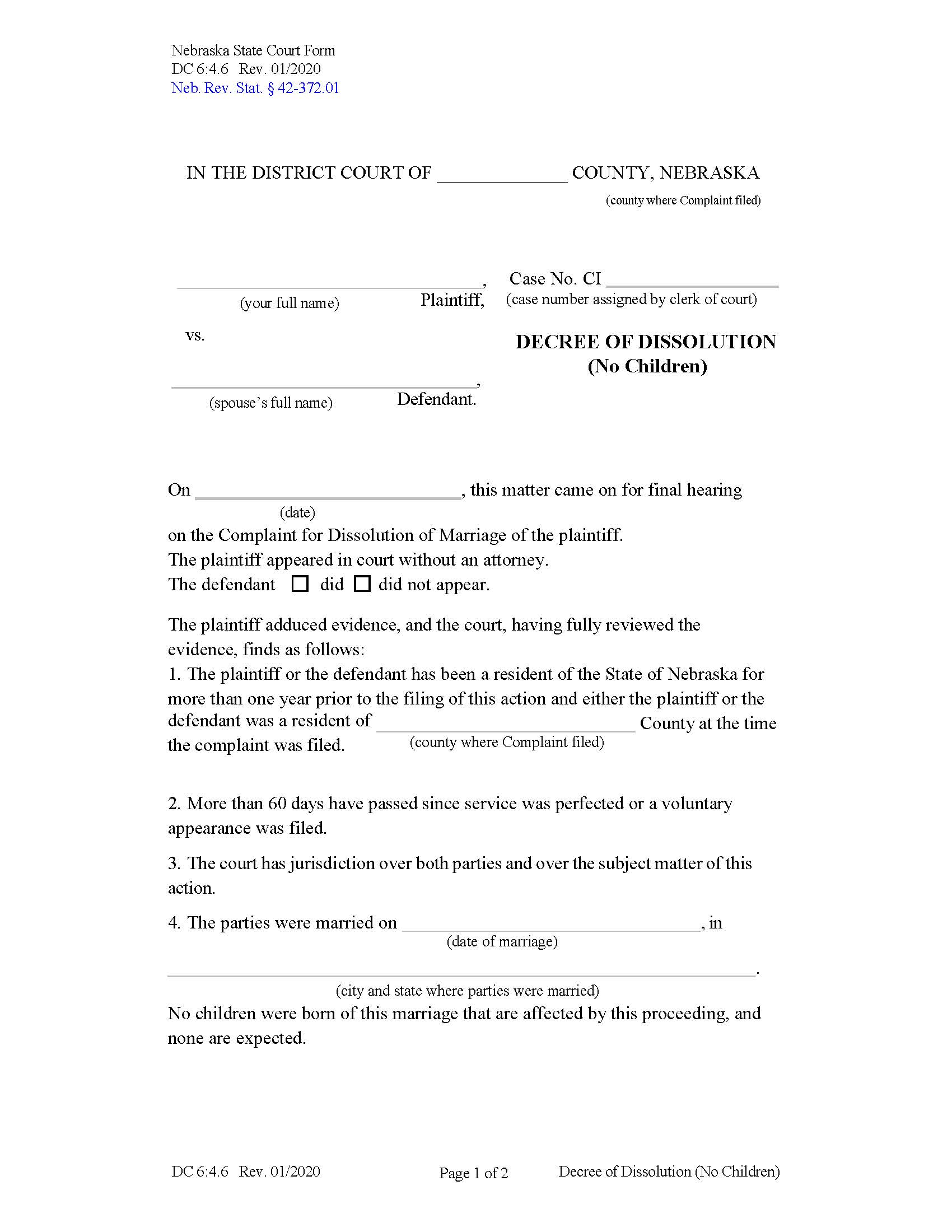 Decree Of Dissolution No Children {DC-6-4-6} | Pdf Fpdf Docx | Nebraska