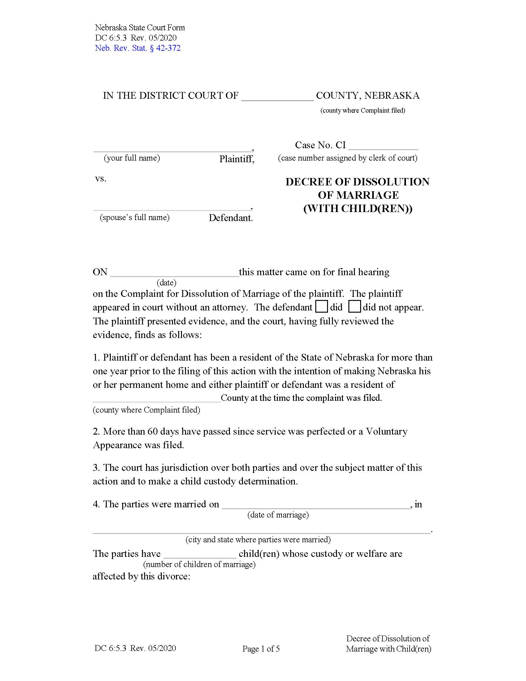 Decree Of Dissolution Of Marriage With Children {DC-6-5-3} | Pdf Fpdf Docx | Nebraska