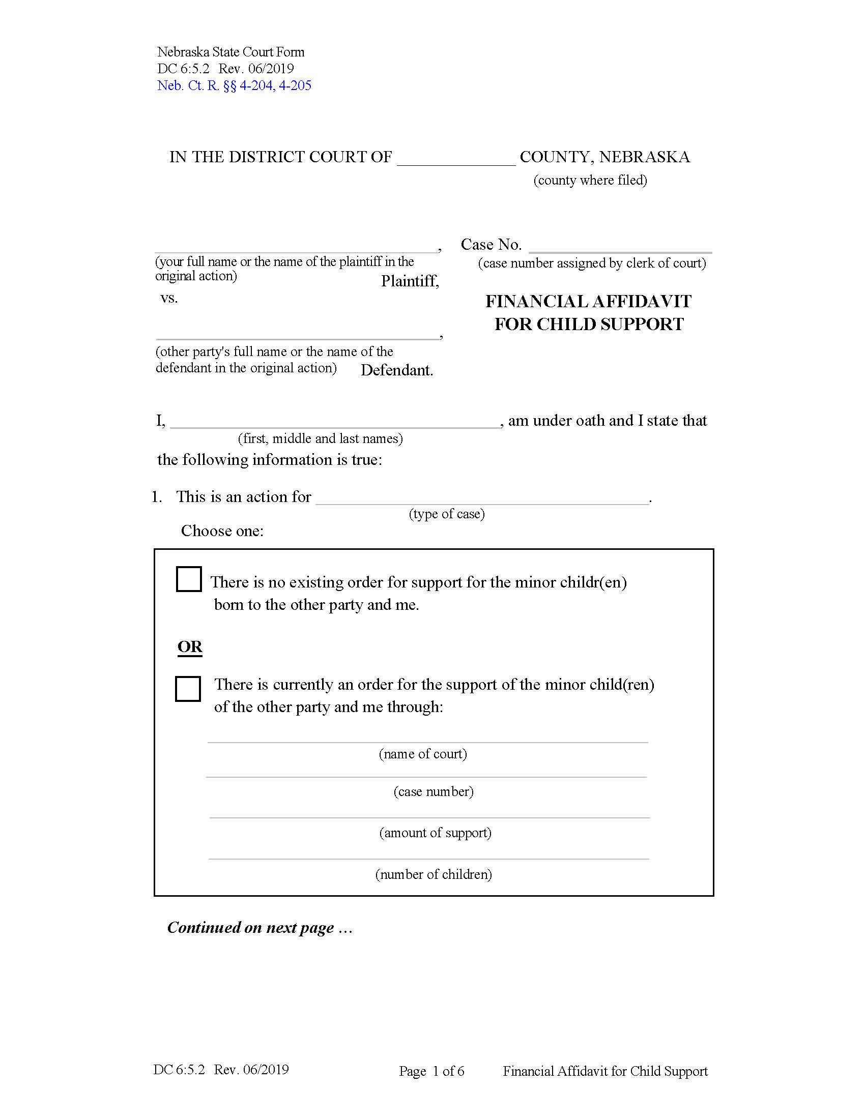 Financial Affidavit For Child Support {DC-6-5-2} | Pdf Fpdf Doc Docx | Nebraska