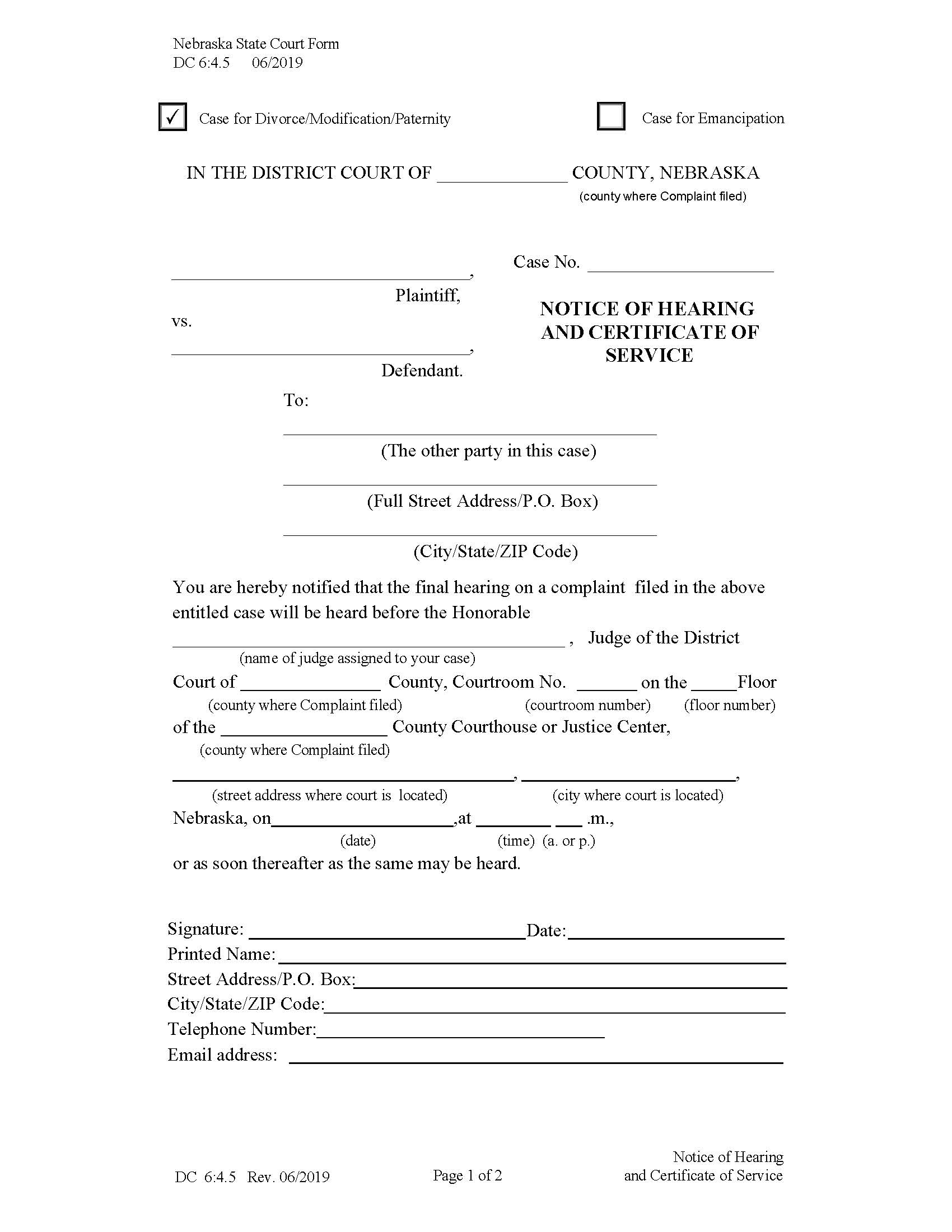 Notice Of Hearing And Certificate Of Service {DC-6-4-5} | Pdf Fpdf Docx | Nebraska
