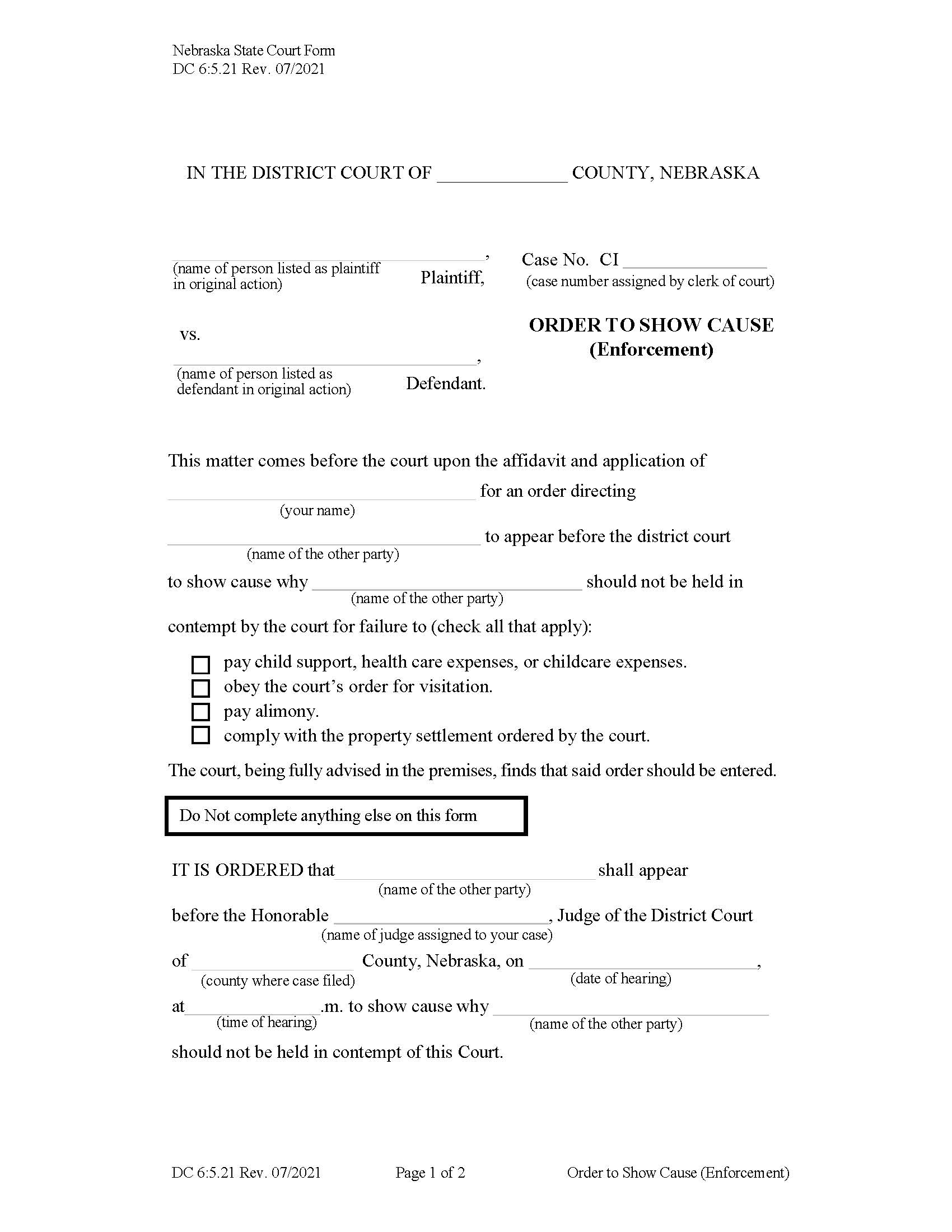 Order To Show Cause Child Support {DC-6-5-21} | Pdf Fpdf Docx | Nebraska