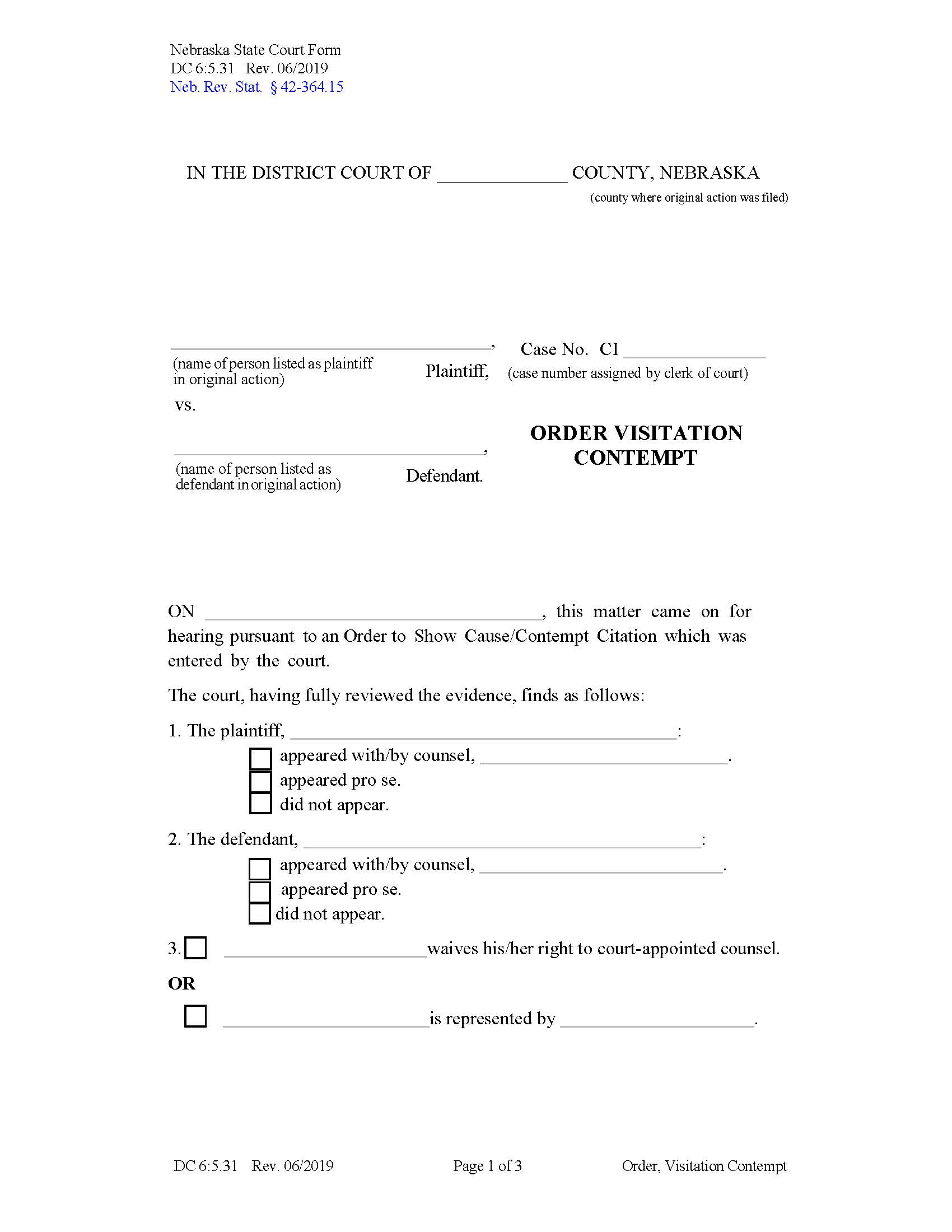 Order Visitation Contempt {DC-6-5-31} | Pdf Fpdf Docx | Nebraska