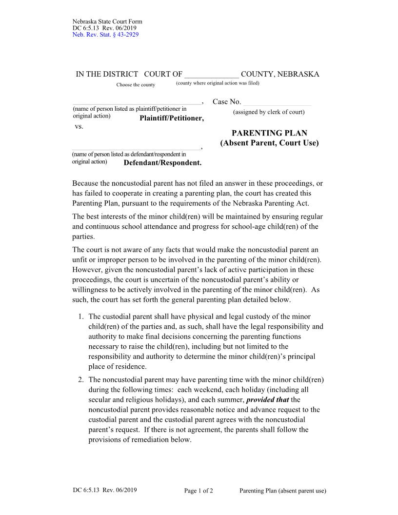 Parenting Plan Absent Parent Court Use {DC-6-5-13} | Pdf Fpdf Doc Docx | Nebraska