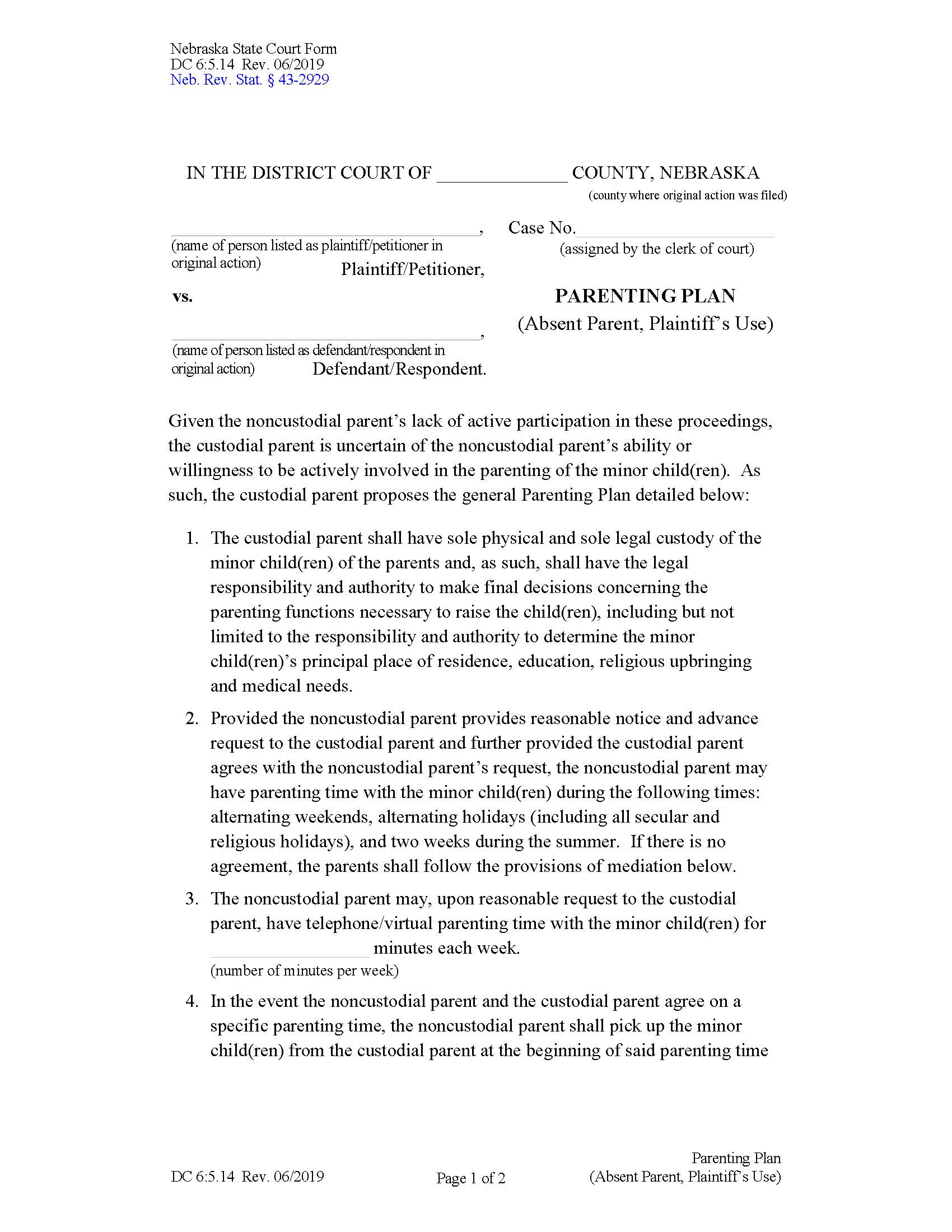 Parenting Plan Absent Parent Plaintiffs Use {DC-6-5-14} | Pdf Fpdf Docx | Nebraska