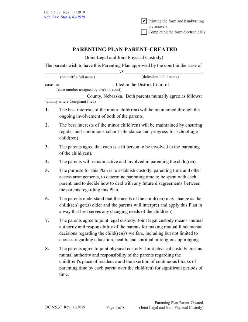 Parenting Plan Parent Created Joint Legal And Joint Physical Custody {DC-6-5-37} | Pdf Fpdf Docx | Nebraska