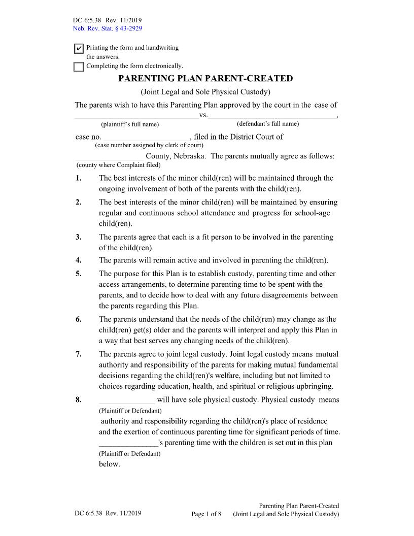 Parenting Plan Parent Created Joint Legal And Sole Physical Custody {DC-6-5-38} | Pdf Fpdf Doc Docx | Nebraska