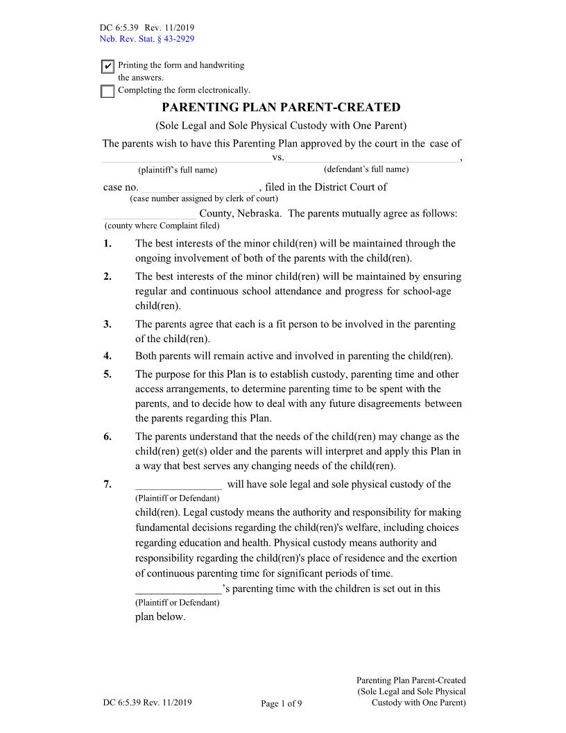 Parenting Plan Parent Created Sole Legal And Sole Physical Custody With One Parent {DC-6-5-39} | Pdf Fpdf Docx | Nebraska