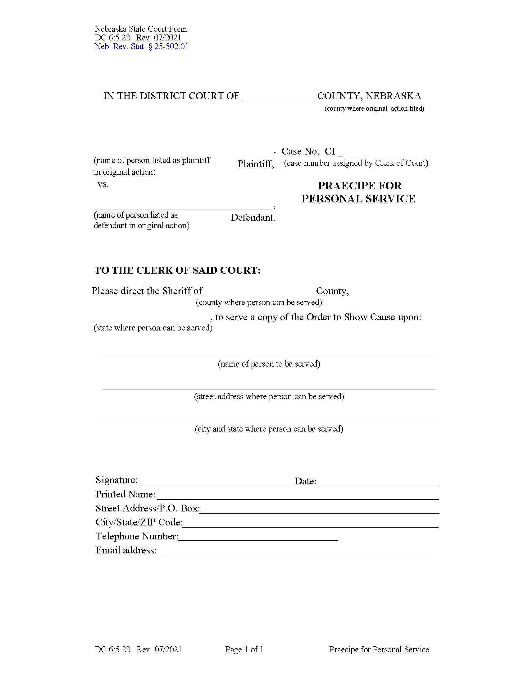 Praecipe For Personal Service {DC-6-5-22} | Pdf Fpdf Docx | Nebraska