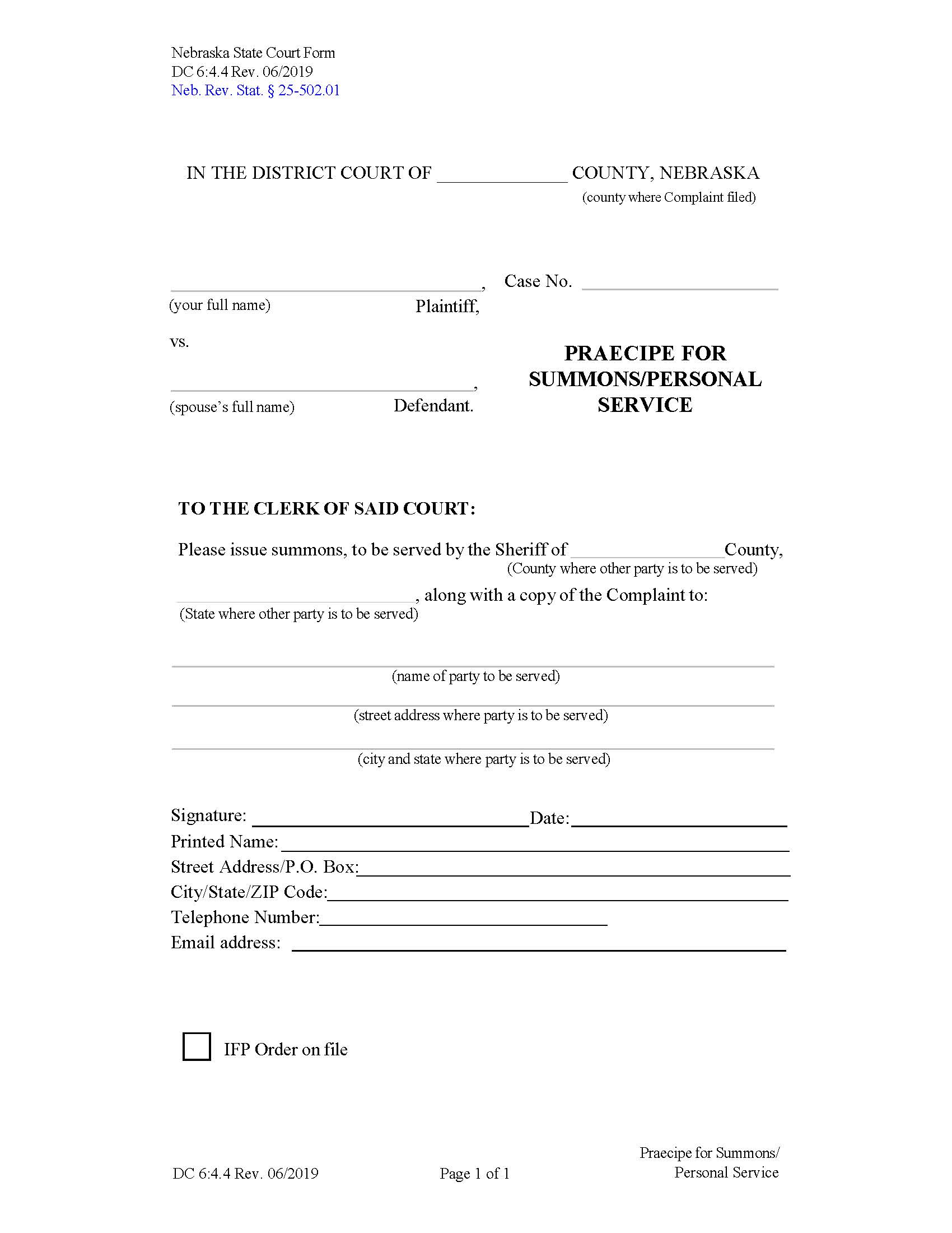 Praecipe For Summons Personal Service {DC-6-4-4} | Pdf Fpdf Docx | Nebraska