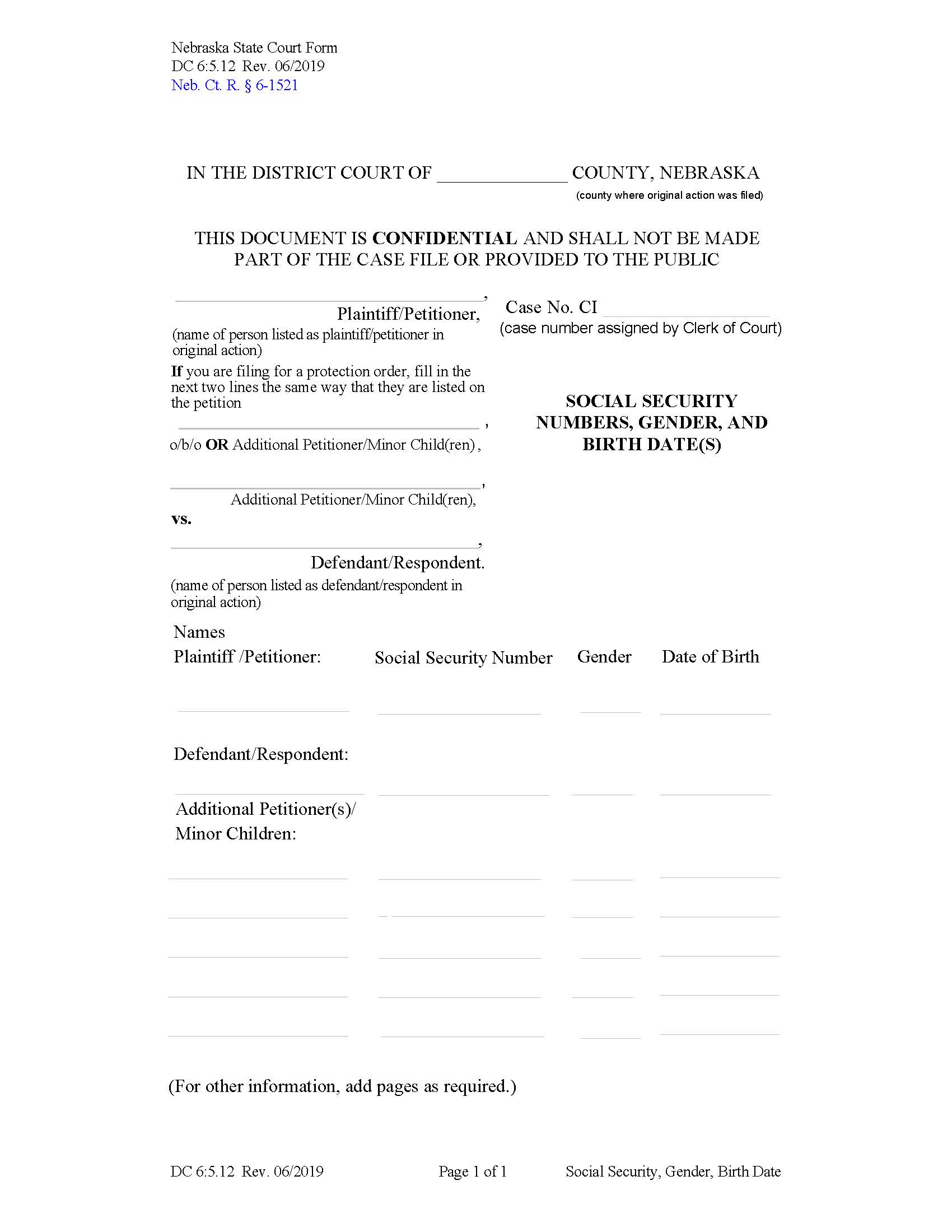 Social Security Gender Birth Dates {DC-6-5-12} | Pdf Fpdf Docx | Nebraska