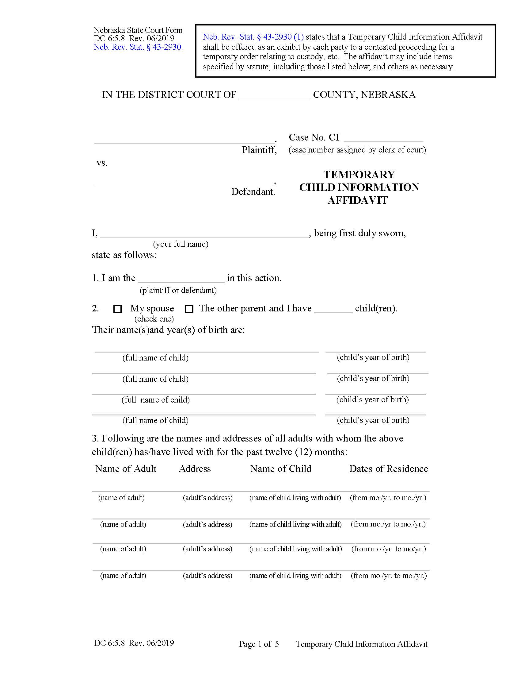 Temporary Child Information Affidavit {DC-6-5-8} | Pdf Fpdf Docx | Nebraska