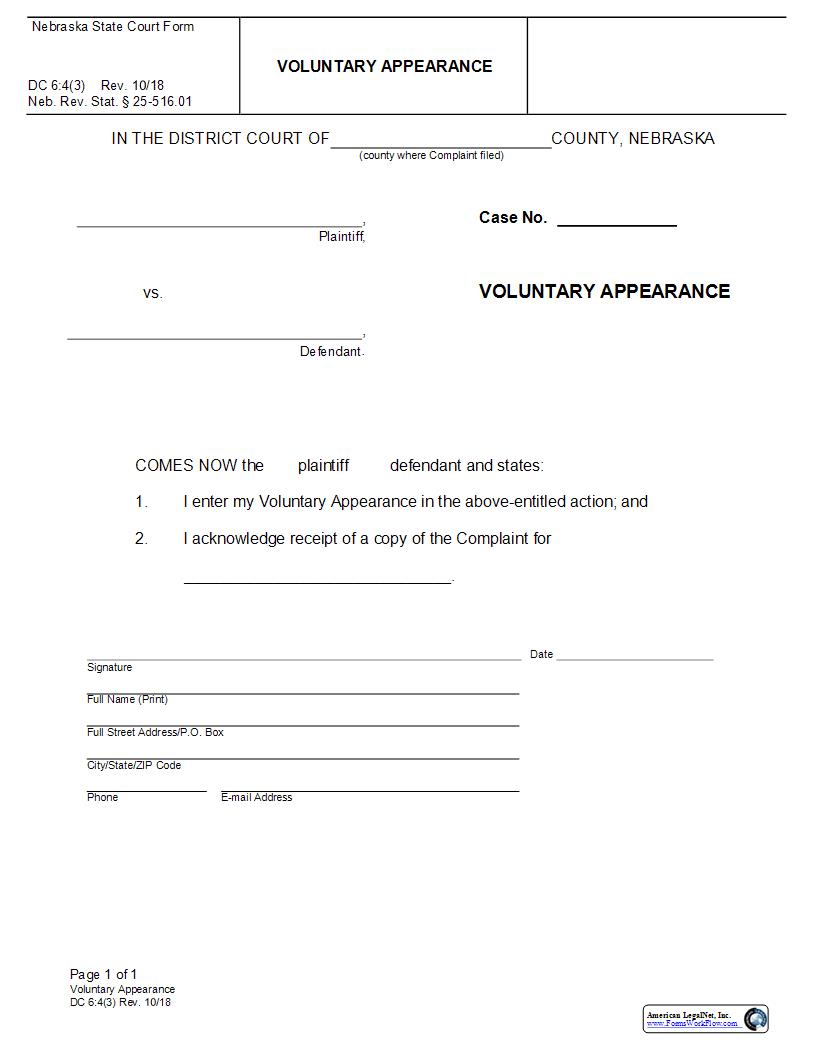 Voluntary Appearance {DC-6-4-3} | Pdf Fpdf Docx | Nebraska