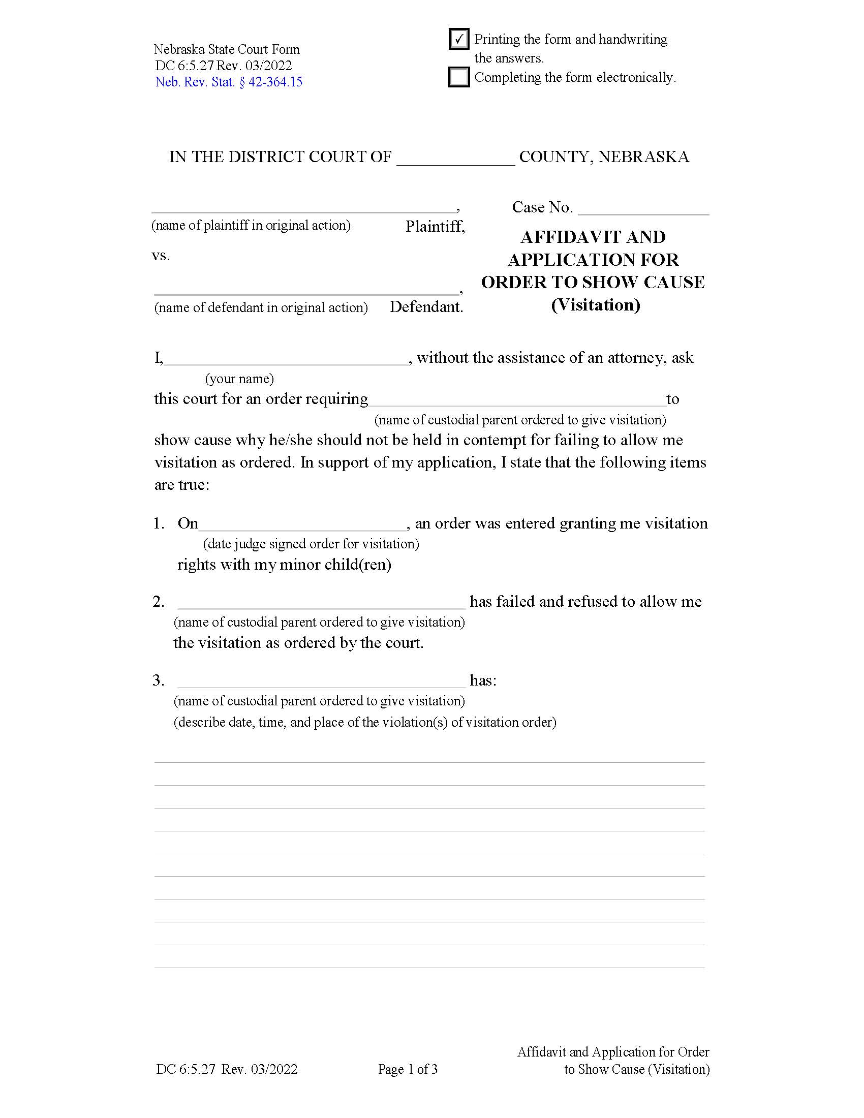Affidavit And Application For Order To Show Cause {DC-6-5-27} | Pdf Fpdf Docx | Nebraska
