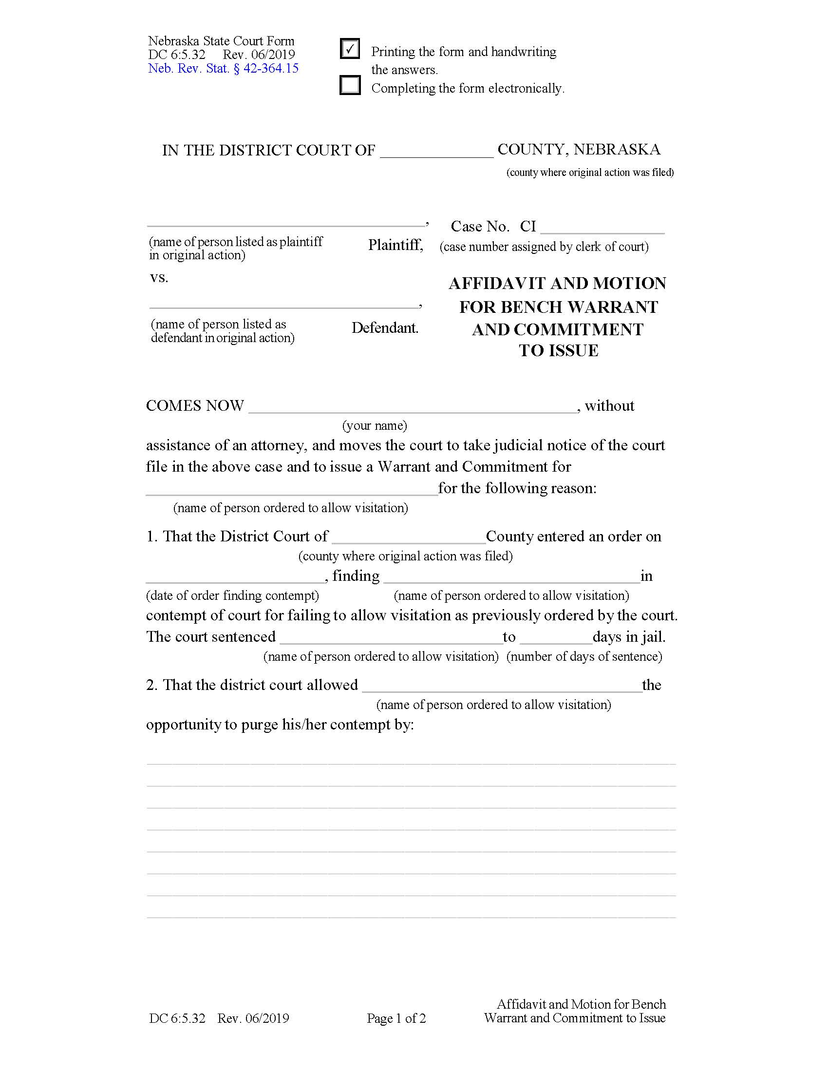 Affidavit And Motion For Bench Warrant Visitation {DC-6-5-32} | Pdf Fpdf Docx | Nebraska